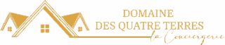 Logo doré sur fond noir : une silhouette stylisée de toit de maison/chalet, avec le texte "DOMAINE DES QUATRE TERRES la Conciergerie".