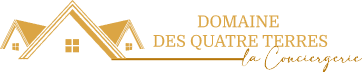 Logo doré sur fond noir : une silhouette stylisée de toit de maison/chalet, avec le texte "DOMAINE DES QUATRE TERRES la Conciergerie".