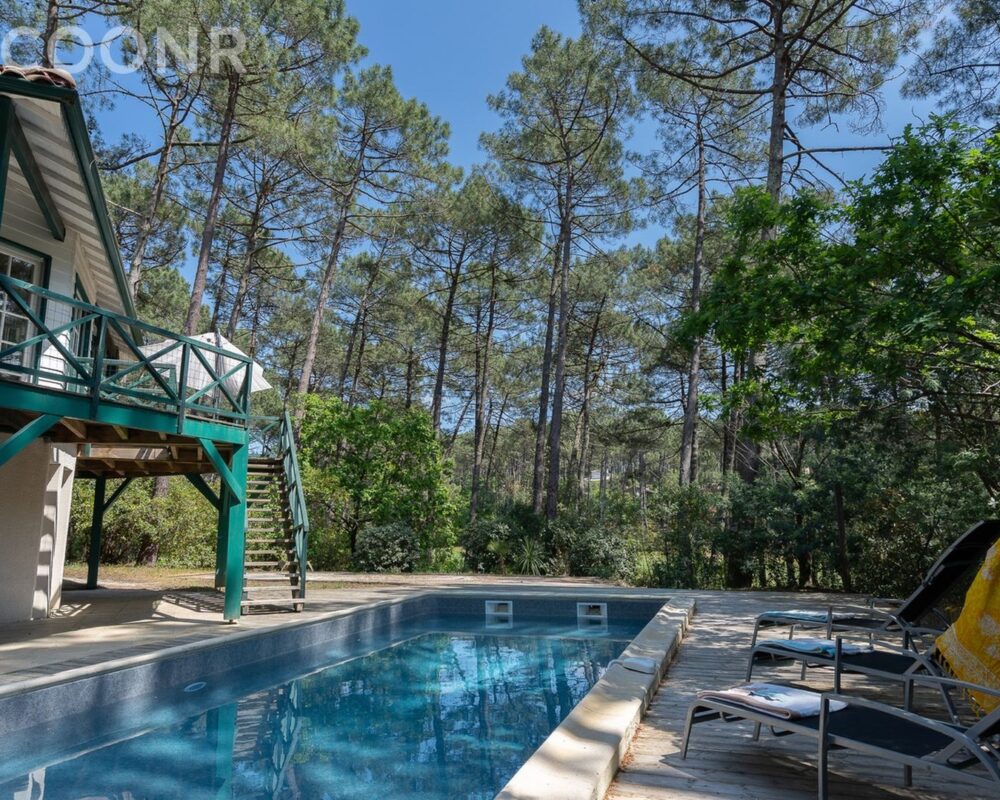 Villa COCOONR avec terrasse en bois vert, piscine et chaises longues au cœur d'une pinède sous un ciel bleu.