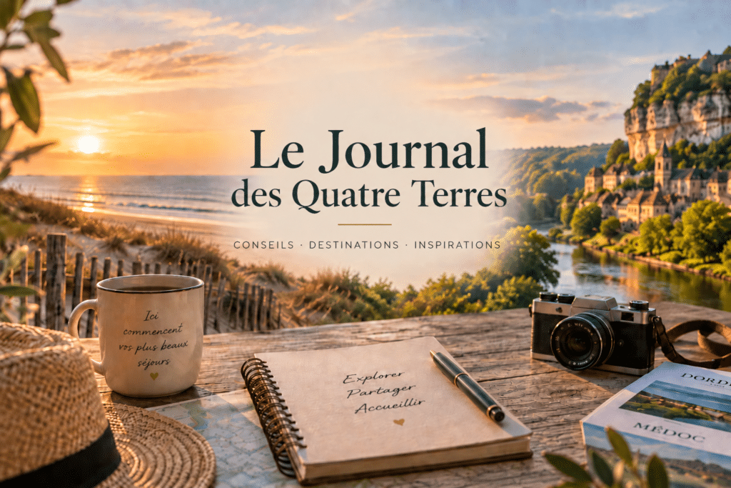 Le Journal des Quatre Terres : carnet et appareil photo devant un coucher de soleil sur mer et village médiéval.